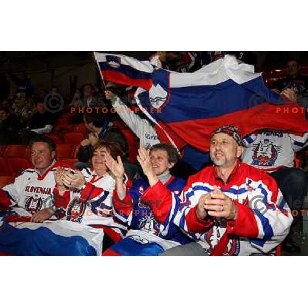 Fans from Slovenia at IIHF World championship 2008 preliminary round group B, played in Halifax, Nova Scotia, Canada May 4th 2008. USA beat Slovenia 5:1. Photo by Ales Fevzer 
