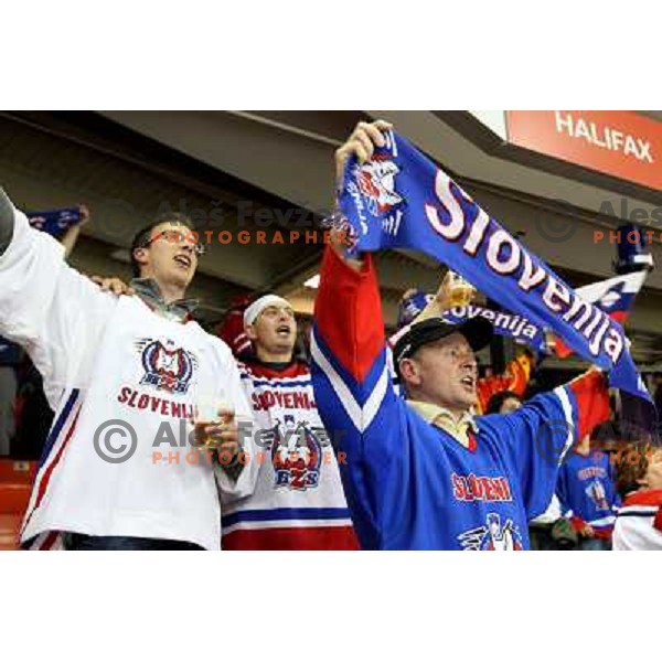 Fans from Slovenia at IIHF World championship 2008 preliminary round group B, played in Halifax, Nova Scotia, Canada May 4th 2008. USA beat Slovenia 5:1. Photo by Ales Fevzer 