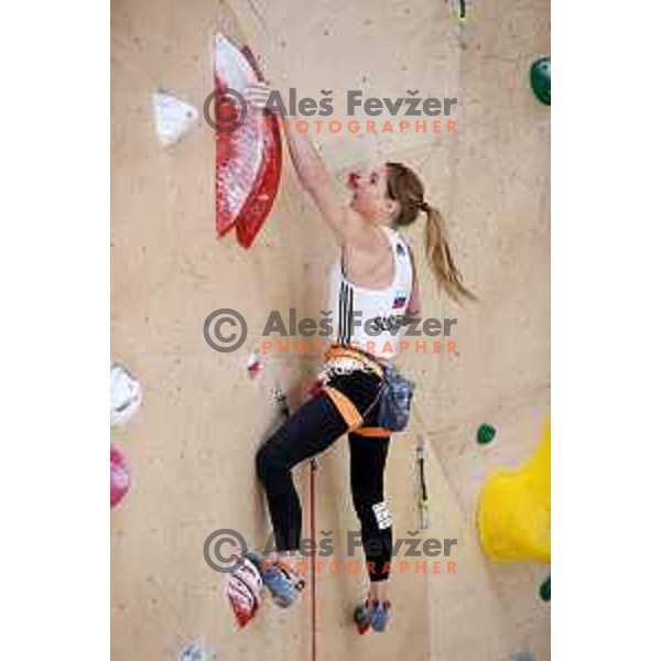 Mina Markovic of Slovenia free-climbing team during practice session at Climbing Ranch in Radovljica, Slovenia on November 4, 2021