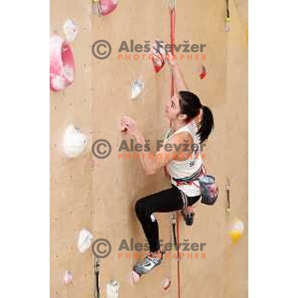 Mia Krampl of Slovenia free-climbing team during practice session at Climbing Ranch in Radovljica, Slovenia on November 4, 2021