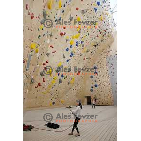 Mia Krampl of Slovenia free-climbing team during practice session at Climbing Ranch in Radovljica, Slovenia on November 4, 2021