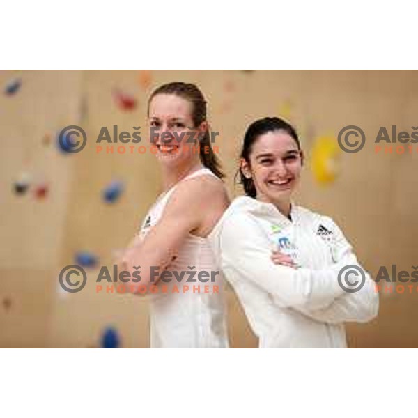 Katja Kadic and Mia Krampl of Slovenia free-climbing team during practice session at Climbing Ranch in Radovljica, Slovenia on November 4, 2021