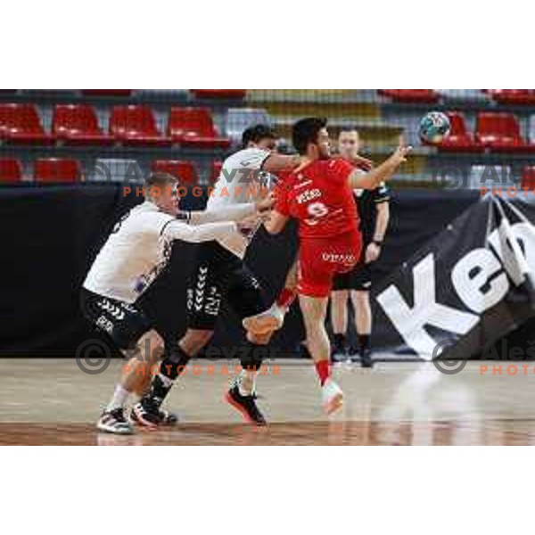 in action during 1.NLB league handball match between Grosist Slovan and Trimo Trebnje in Kodeljevo Hall, Ljubljana, Slovenia on November 5, 2021