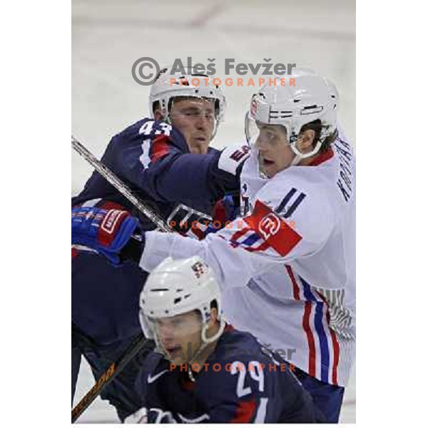 Wisniewski (43) of USA and Kopitar (11) of Slovenia at IIHF World championship 2008 preliminary round group B, played in Halifax, Nova Scotia, Canada May 4th 2008. USA beat Slovenia 5:1. Photo by Ales Fevzer 