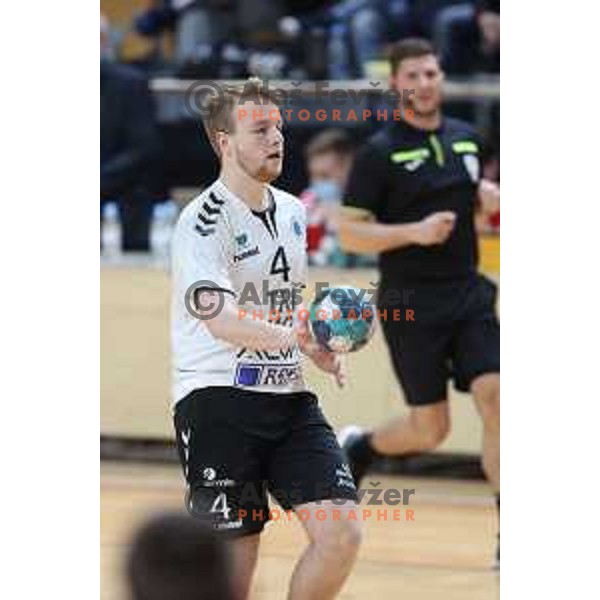 Lovro Viscek in action during 1.NLB league handball match between Grosist Slovan and Trimo Trebnje in Kodeljevo Hall, Ljubljana, Slovenia on November 5, 2021