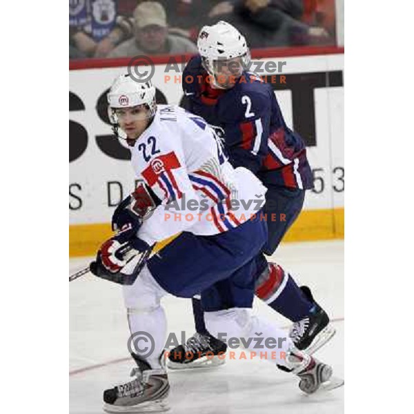 Ballard (2) of USA and Marcel Rodman (22) of Slovenia at IIHF World championship 2008 preliminary round group B, played in Halifax, Nova Scotia, Canada May 4th 2008. USA beat Slovenia 5:1. Photo by Ales Fevzer 