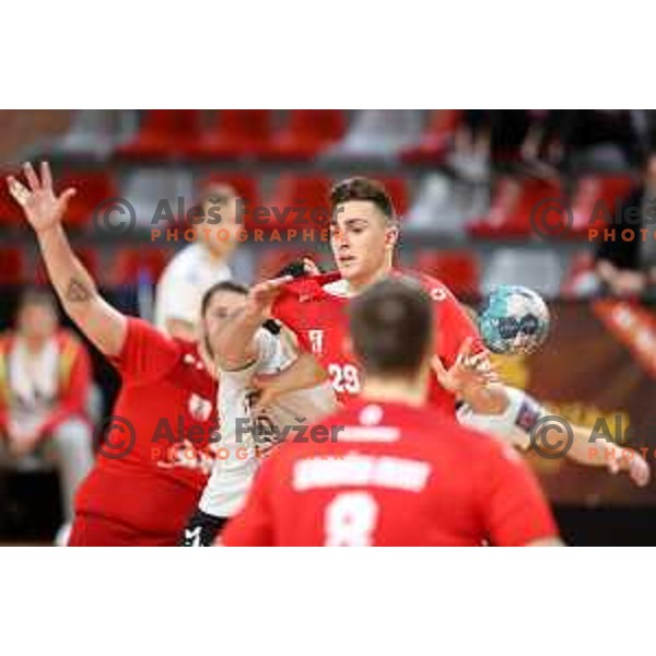 Patrik Martinovic in action during 1.NLB league handball match between Grosist Slovan and Trimo Trebnje in Kodeljevo Hall, Ljubljana, Slovenia on November 5, 2021