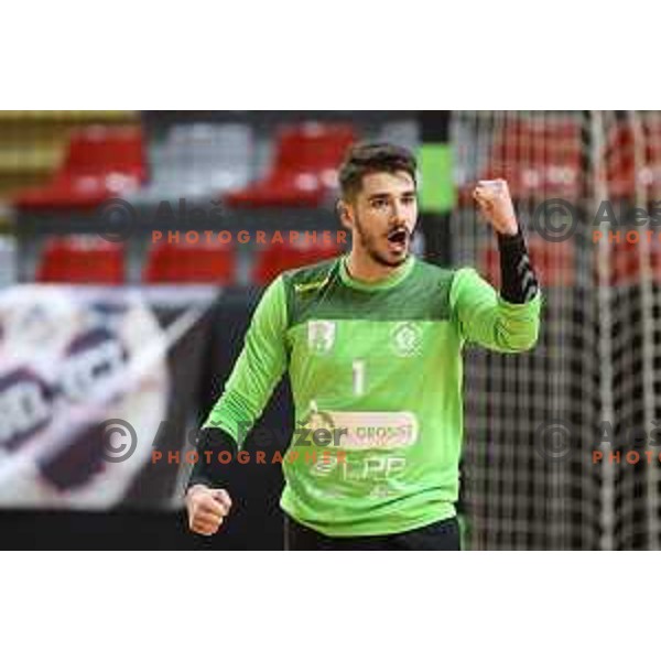 Tilen Grudnik in action during 1.NLB league handball match between Grosist Slovan and Trimo Trebnje in Kodeljevo Hall, Ljubljana, Slovenia on November 5, 2021