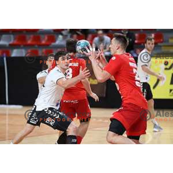 Gregor Potocnik in action during 1.NLB league handball match between Grosist Slovan and Trimo Trebnje in Kodeljevo Hall, Ljubljana, Slovenia on November 5, 2021