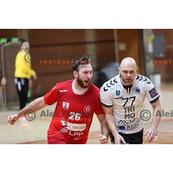 Ziga Stopar and Luka Florjancic in action during 1.NLB league handball match between Grosist Slovan and Trimo Trebnje in Kodeljevo Hall, Ljubljana, Slovenia on November 5, 2021