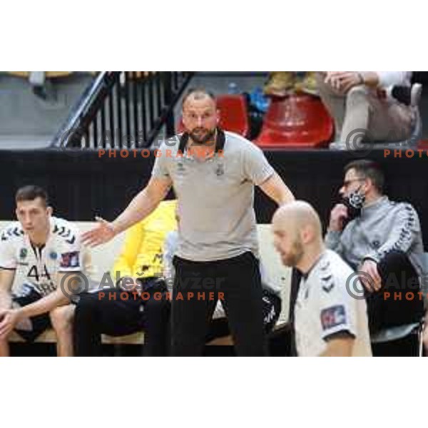Head coach Uros Zorman in action during 1.NLB league handball match between Grosist Slovan and Trimo Trebnje in Kodeljevo Hall, Ljubljana, Slovenia on November 5, 2021