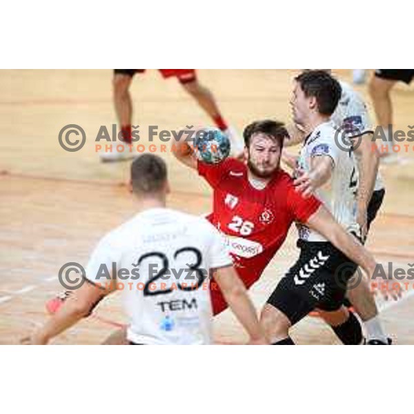 Ziga Stopar in action during 1.NLB league handball match between Grosist Slovan and Trimo Trebnje in Kodeljevo Hall, Ljubljana, Slovenia on November 5, 2021