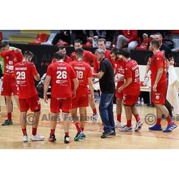 Head coach Ales Repina in action during 1.NLB league handball match between Grosist Slovan and Trimo Trebnje in Kodeljevo Hall, Ljubljana, Slovenia on November 5, 2021