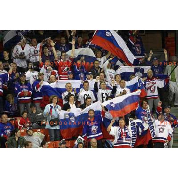 Slovenian fans at IIHF World Championship 2008, preliminary round, group B, played in Halifax, Nova Scotia, Canada on 6th of May 2008. Latvia won the game 3:0. Photo by Ales Fevzer 