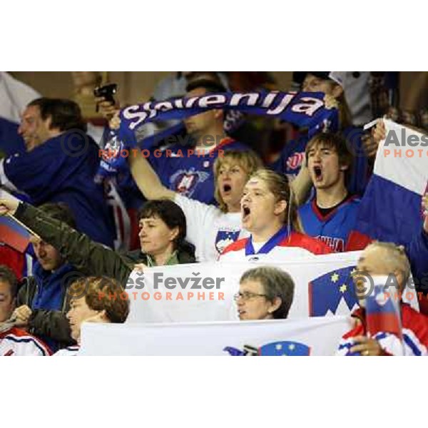 Slovenian fans at IIHF World Championship 2008, preliminary round, group B, played in Halifax, Nova Scotia, Canada on 6th of May 2008. Latvia won the game 3:0. Photo by Ales Fevzer 