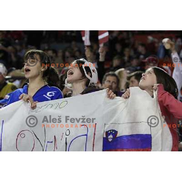 Fans cheering for Slovenia at IIHF World Championship 2008, preliminary round, group B, played in Halifax, Nova Scotia, Canada on 6th of May 2008. Latvia won the game 3:0. Photo by Ales Fevzer 