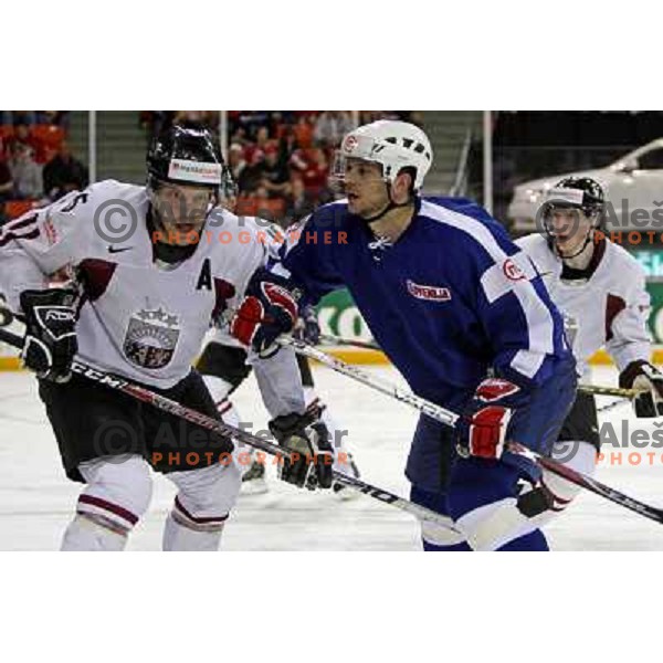 Golicic of Slovenia and of Latvia at IIHF World Championship 2008, preliminary round, group B, played in Halifax, Nova Scotia, Canada on 6th of May 2008. Latvia won the game 3:0. Photo by Ales Fevzer 
