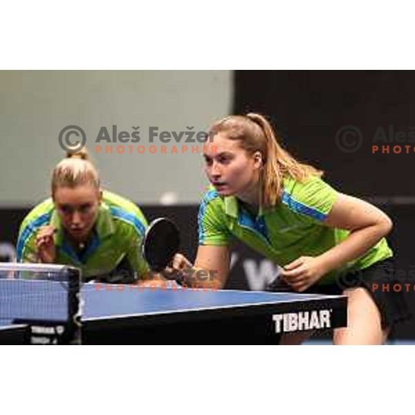 Katarina Strazar and Lea Paulin in action during WTT Slovenian hub, presented by I feel Slovenia in Lasko, Slovenia on November 11, 2021