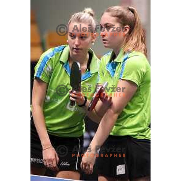 Katarina Strazar and Lea Paulin in action during WTT Slovenian hub, presented by I feel Slovenia in Lasko, Slovenia on November 11, 2021