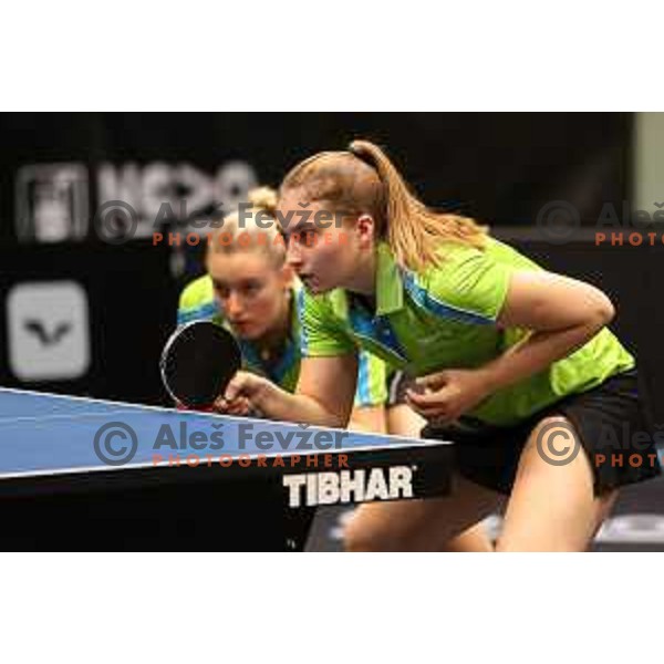 Katarina Strazar and Lea Paulin in action during WTT Slovenian hub, presented by I feel Slovenia in Lasko, Slovenia on November 11, 2021