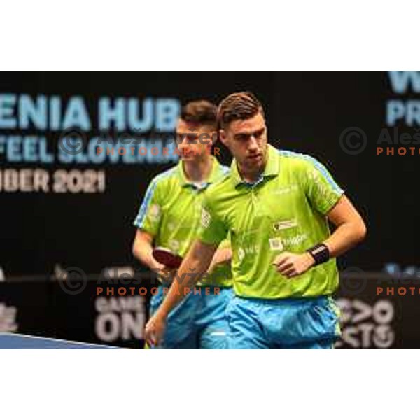 Deni Kuzul and Darko Jorgic in action during WTT Slovenian hub, presented by I feel Slovenia in Lasko, Slovenia on November 11, 2021