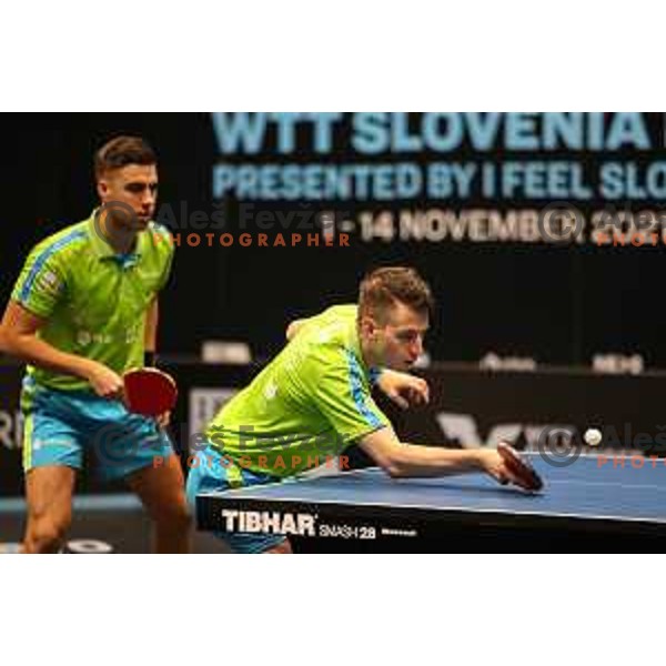 Deni Kuzul and Darko Jorgic in action during WTT Slovenian hub, presented by I feel Slovenia in Lasko, Slovenia on November 11, 2021