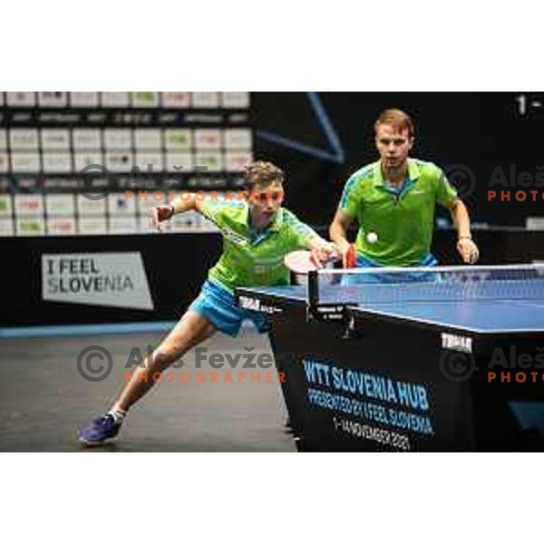 Tilen Cvetko and Peter Hribar in action during WTT Slovenian hub, presented by I feel Slovenia in Lasko, Slovenia on November 11, 2021