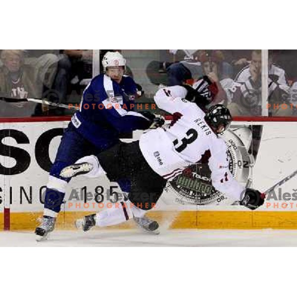 Muric of Slovenia and Rekis of Latvia at IIHF World Championship 2008, preliminary round, group B, played in Halifax, Nova Scotia, Canada on 6th of May 2008. Latvia won the game 3:0. Photo by Ales Fevzer 