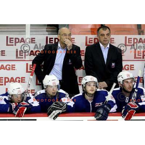 Waltin and Kopitar of Slovenia at IIHF World Championship 2008, preliminary round, group B, played in Halifax, Nova Scotia, Canada on 6th of May 2008. Latvia won the game 3:0. Photo by Ales Fevzer 