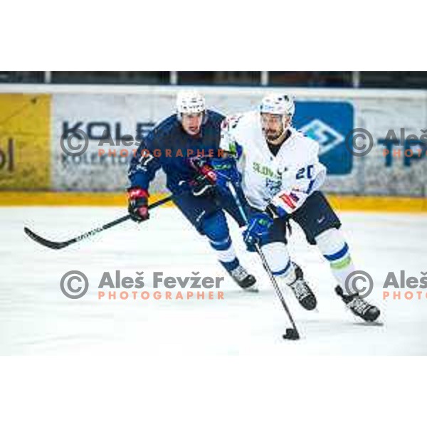 Gregor Koblar in action during ice-hockey match between Slovenia and France in Podmezakla hall in Jesenice, Slovenia on November 11, 2021