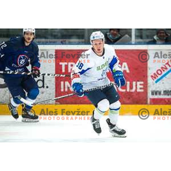 Blaz Tomazevic in action during ice-hockey match between Slovenia and France in Podmezakla hall in Jesenice, Slovenia on November 11, 2021
