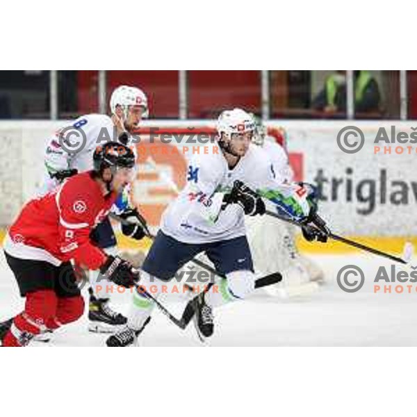 Erik Svetina in action during 4 nations ice-hockey tournament between Slovenia and Austria in Podmezakla hall in Jesenice, Slovenia on November 13, 2021