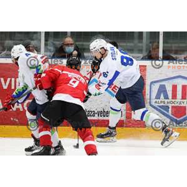 Nejc Stojan in action during 4 nations ice-hockey tournament between Slovenia and Austria in Podmezakla hall in Jesenice, Slovenia on November 13, 2021