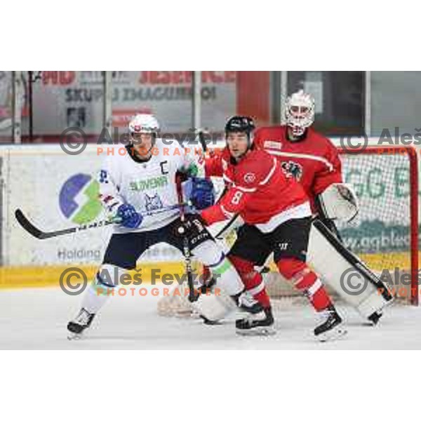 Anze Kuralt in action during 4 nations ice-hockey tournament between Slovenia and Austria in Podmezakla hall in Jesenice, Slovenia on November 13, 2021
