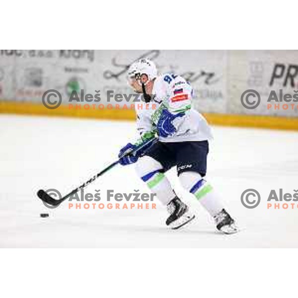 Anze Kuralt in action during 4 nations ice-hockey tournament between Slovenia and Austria in Podmezakla hall in Jesenice, Slovenia on November 13, 2021