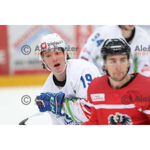 Aljaz Predan in action during 4 nations ice-hockey tournament between Slovenia and Austria in Podmezakla hall in Jesenice, Slovenia on November 13, 2021