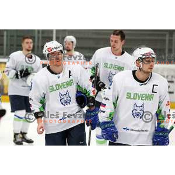 Ken Ograjensek and Anze Kuralt during 4 nations ice-hockey tournament between Slovenia and Austria in Podmezakla hall in Jesenice, Slovenia on November 13, 2021