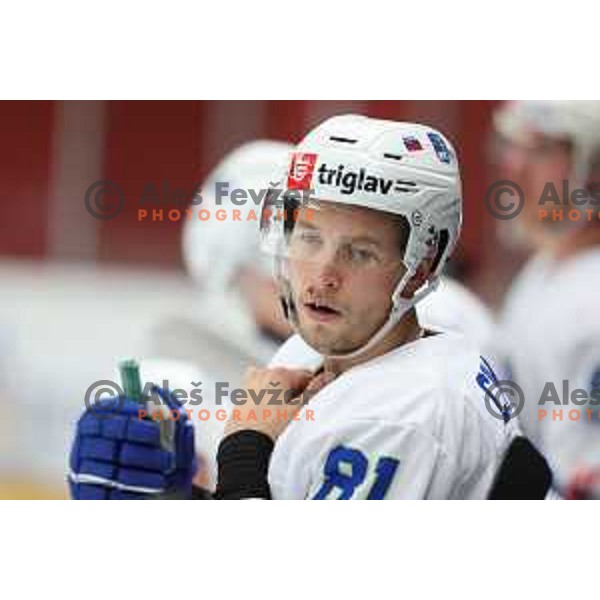 Tadej Cimzar in action during 4 nations ice-hockey tournament between Slovenia and Austria in Podmezakla hall in Jesenice, Slovenia on November 13, 2021