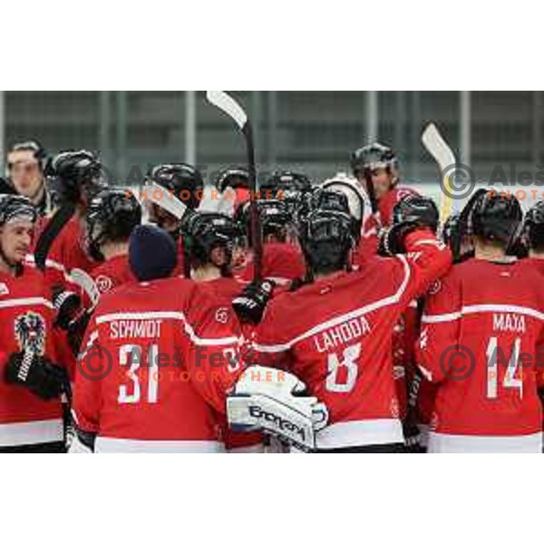 MArco Kasper and players of Austria celebrate victory during 4 nations ice-hockey tournament between Slovenia and Austria in Podmezakla hall in Jesenice, Slovenia on November 13, 2021