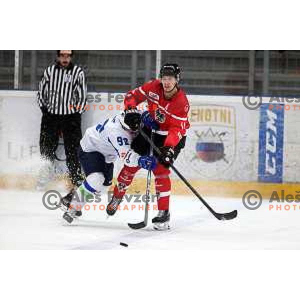 Anze Kuralt in action during 4 nations ice-hockey tournament between Slovenia and Austria in Podmezakla hall in Jesenice, Slovenia on November 13, 2021