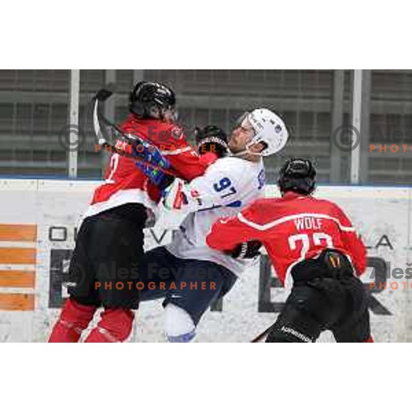Zan Jezovsek in action during 4 nations ice-hockey tournament between Slovenia and Austria in Podmezakla hall in Jesenice, Slovenia on November 13, 2021