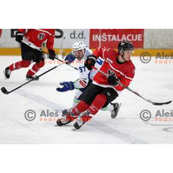 Zan Jezovsek in action during 4 nations ice-hockey tournament between Slovenia and Austria in Podmezakla hall in Jesenice, Slovenia on November 13, 2021