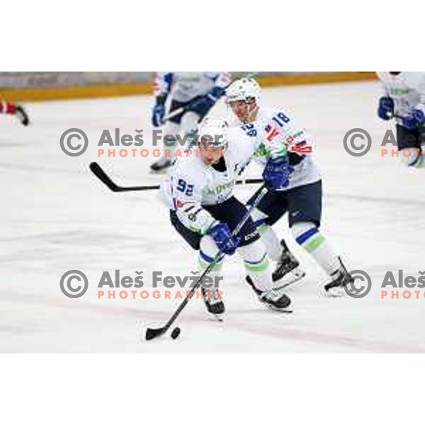 Anze Kuralt in action during 4 nations ice-hockey tournament between Slovenia and Austria in Podmezakla hall in Jesenice, Slovenia on November 13, 2021
