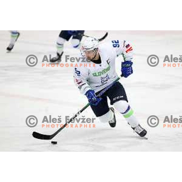Anze Kuralt in action during 4 nations ice-hockey tournament between Slovenia and Austria in Podmezakla hall in Jesenice, Slovenia on November 13, 2021