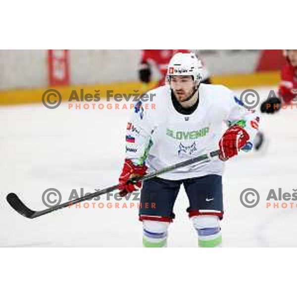 Rok Kapel in action during 4 nations ice-hockey tournament between Slovenia and Austria in Podmezakla hall in Jesenice, Slovenia on November 13, 2021
