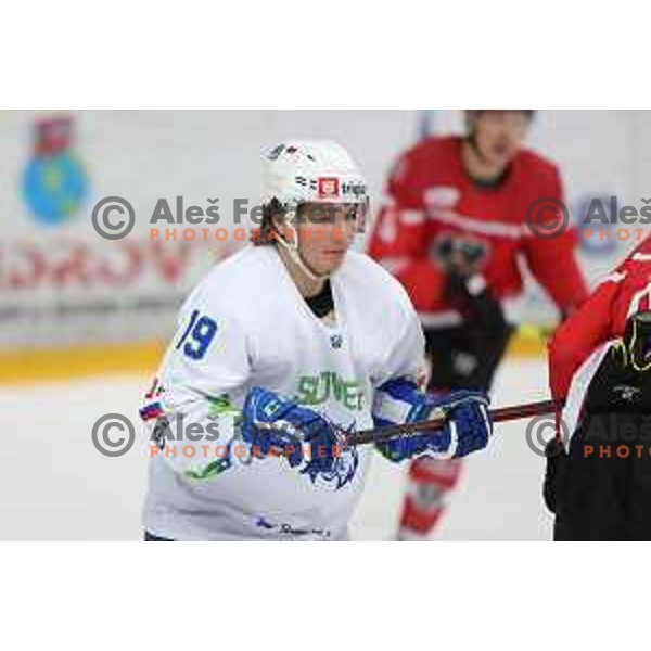 Aljaz Predan in action during 4 nations ice-hockey tournament between Slovenia and Austria in Podmezakla hall in Jesenice, Slovenia on November 13, 2021