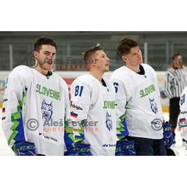 Tadej Cimzar and Kristjan Cepon during 4 nations ice-hockey tournament between Slovenia and Austria in Podmezakla hall in Jesenice, Slovenia on November 13, 2021