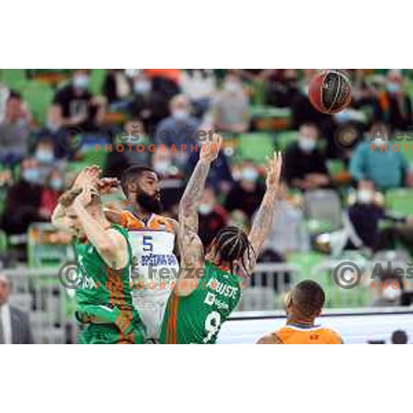 Luka Rupnik, Smith and Zach Auguste in action during ABA league regular season basketball match between Cedevita Olimpija and Mornar Barsko Zlato in Stozice, Arena, Ljubljana, Slovenia on November 13, 2021
