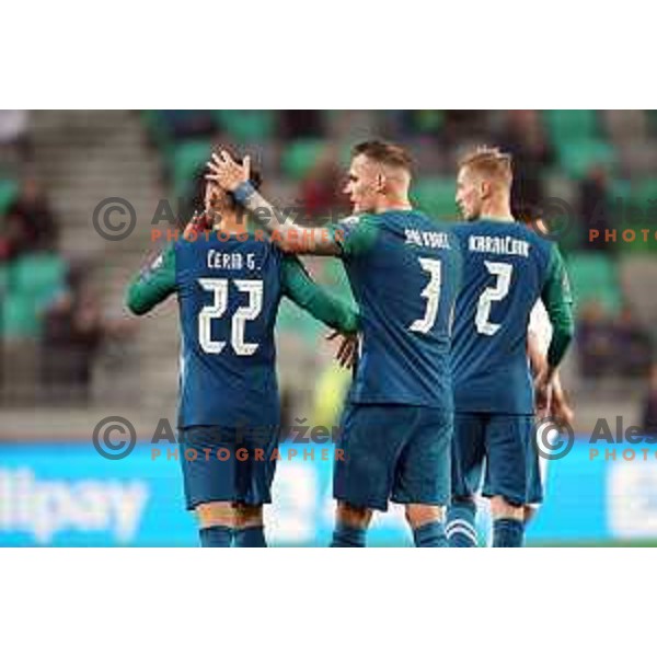 Adam Gnezda Cerin and Jure Balkovec in action during FIFA World Cup 2022 Qualifiers match between Slovenia and Cyprus in Stozice, Ljubljana, Slovenia on November 14, 2021