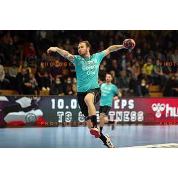 Timotej Grmsek in action during EHF European league match between Gorenje Velenje and Nexe in Velenje, Slovenia on November 16, 2021 